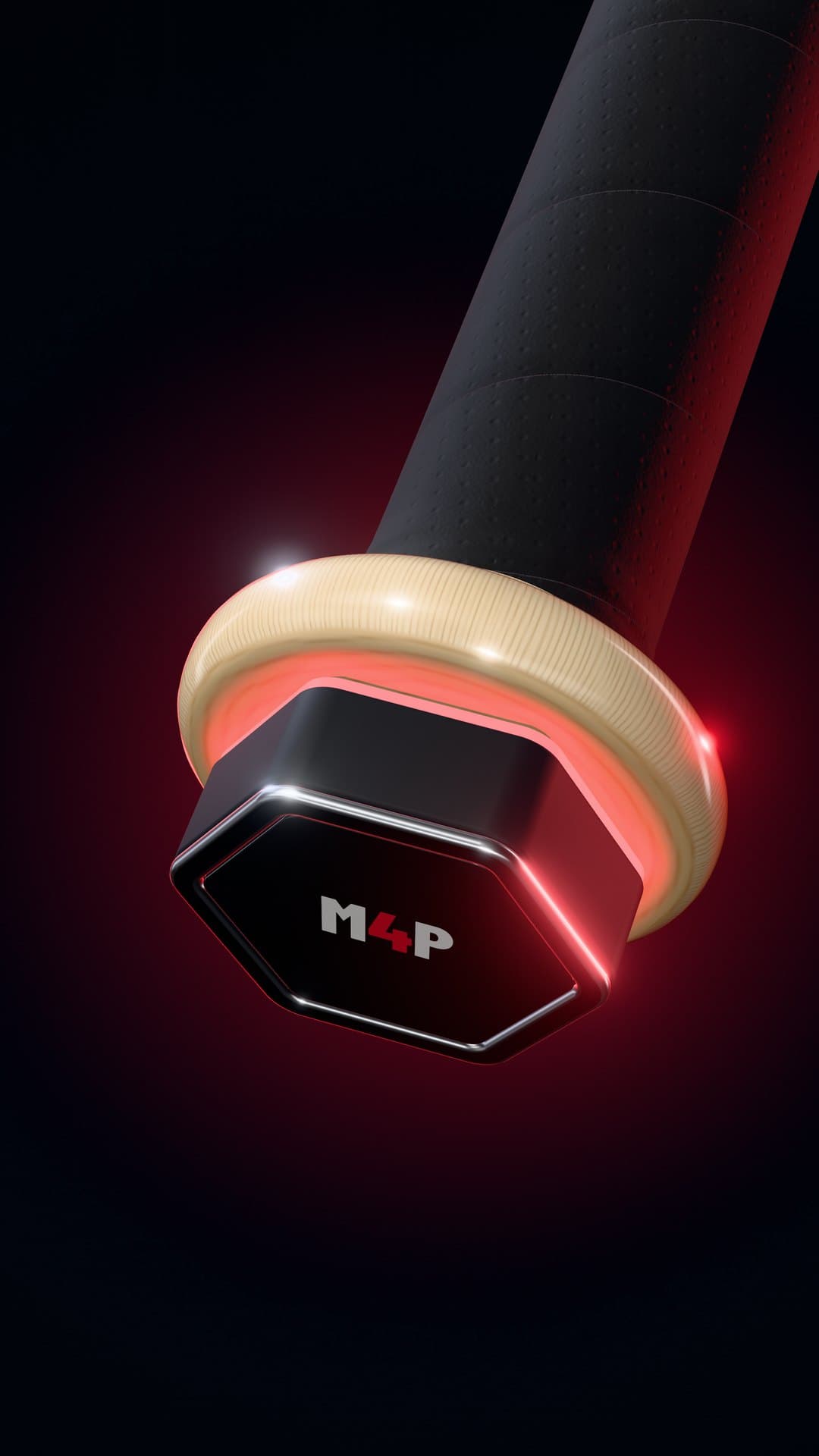 M4P S1 bat sensor render: a black hexagonal sensor with an M4P face and a glowing ring, mounted on the knob end of a bat, against a dark background
